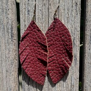 Maroon And Gold Feather Earrings